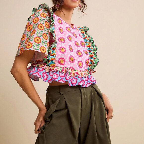 Multicolor Boho Women's Floral Patchwork Cropped Blouse with Ruffle Hem - Picture 3 of 6